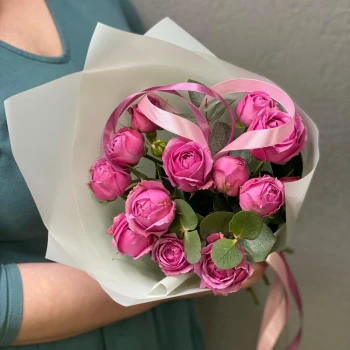 Author's bouquet of peony roses and fragrant eucalyptus