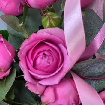 Author's bouquet of peony roses and fragrant eucalyptus