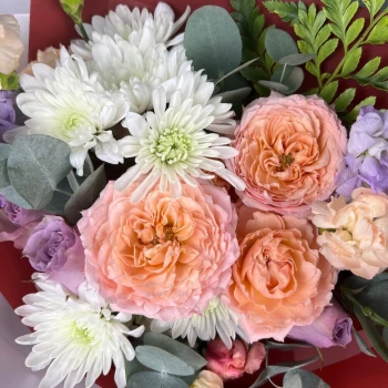 Author's bouquet of pink peony Rose, Mattiola and Fern