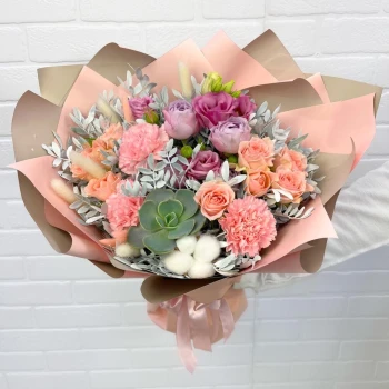 Author's bouquet. Succulent. Shrub peony roses
